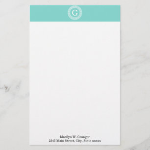 Robin Egg Wht Greek Key Rnd Frame Initial Monogram Stationery