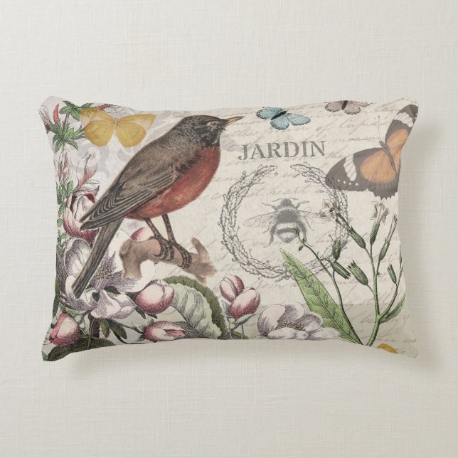 Robin Elegant Bird Butterfly French Art Accent Pillow (Front)