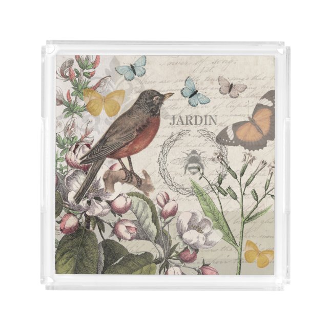 Robin Elegant Bird Butterfly French Art Acrylic Tray (Front)