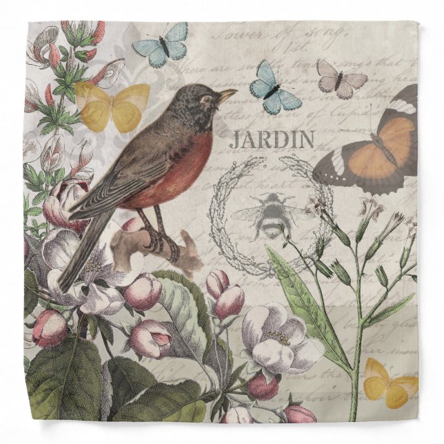 Robin Elegant Bird Butterfly French Art Bandana (Front)