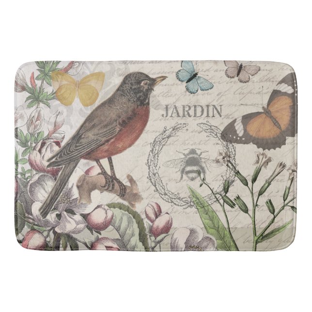 Robin Elegant Bird Butterfly French Art Bath Mat (Front)