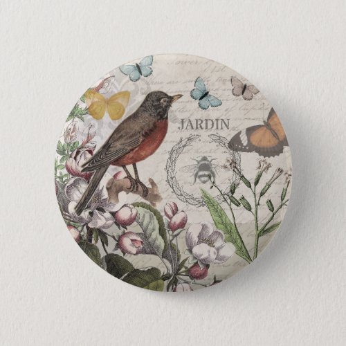 Robin Elegant Bird Butterfly French Art Button