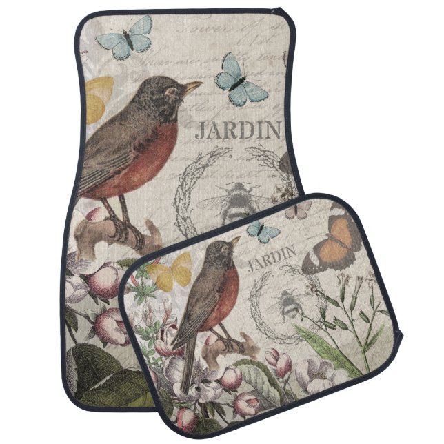 Robin Elegant Bird Butterfly French Art Car Floor Mat (Set)