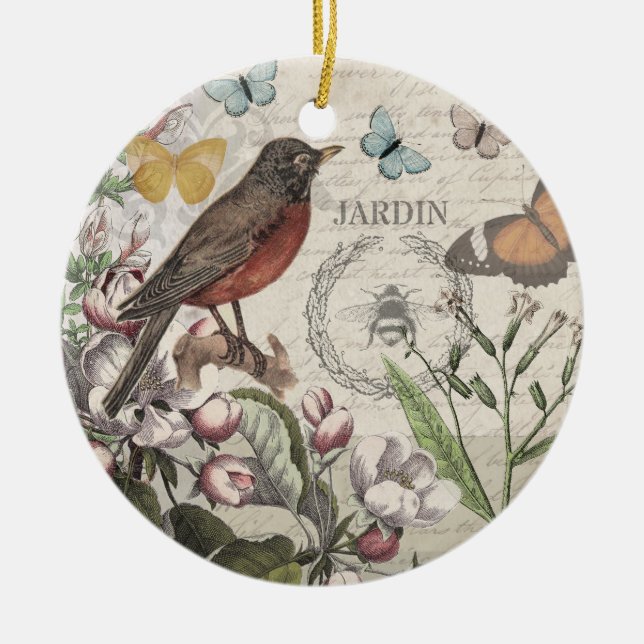 Robin Elegant Bird Butterfly French Art Ceramic Ornament (Front)