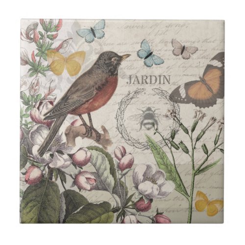 Robin Elegant Bird Butterfly French Art Ceramic Tile