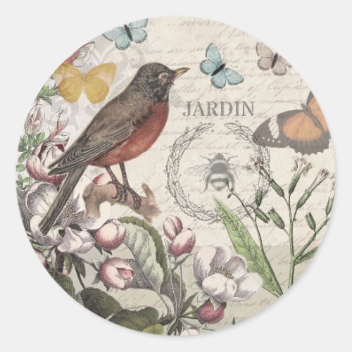 Robin Elegant Bird Butterfly French Art Classic Round Sticker