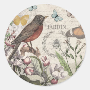 Robin Elegant Bird Butterfly French Art Classic Round Sticker