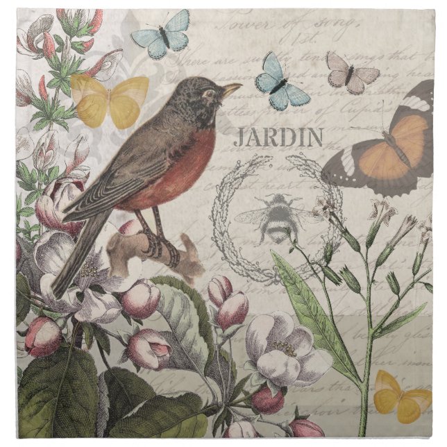 Robin Elegant Bird Butterfly French Art Cloth Napkin (Front)