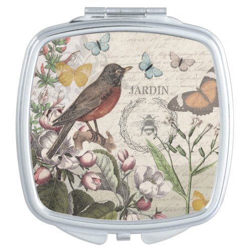 Robin Elegant Bird Butterfly French Art Compact Mirror