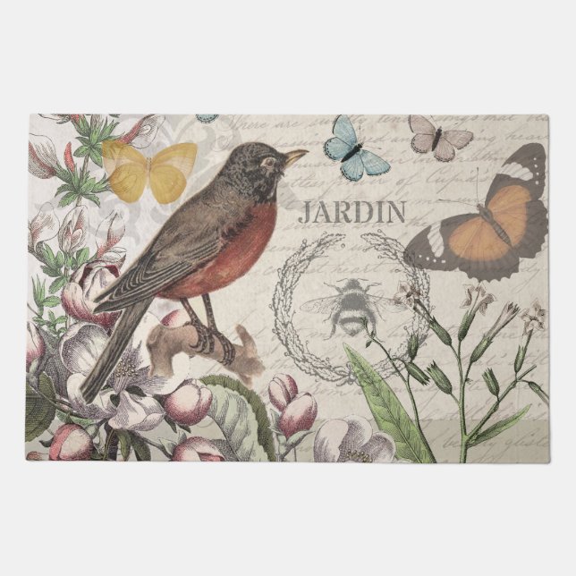 Robin Elegant Bird Butterfly French Art Doormat (Front)