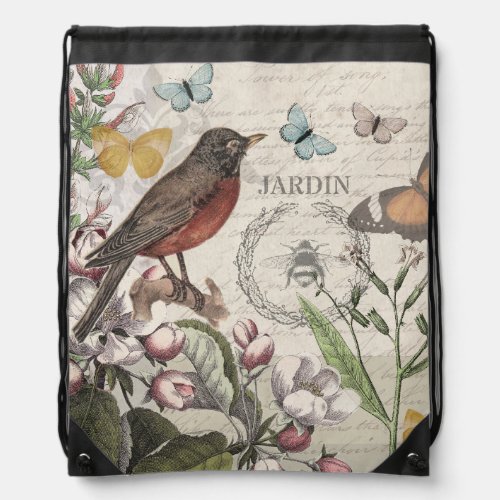 Robin Elegant Bird Butterfly French Art Drawstring Bag