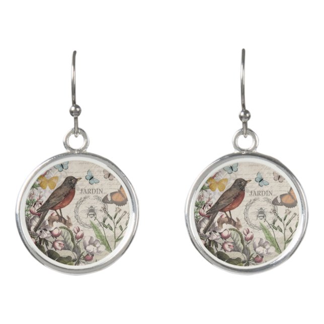 Robin Elegant Bird Butterfly French Art Earrings (Front)