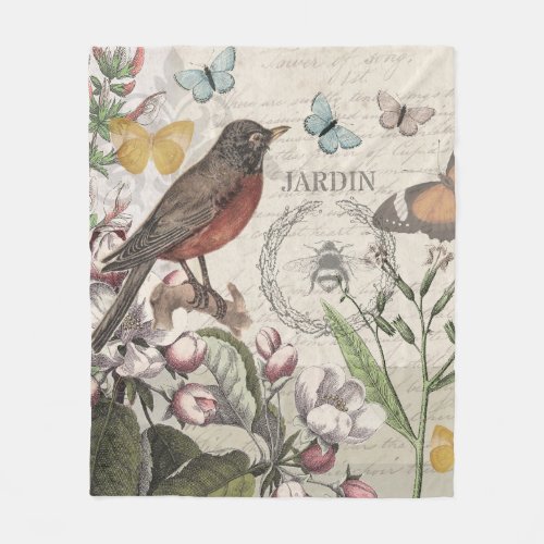 Robin Elegant Bird Butterfly French Art Fleece Blanket