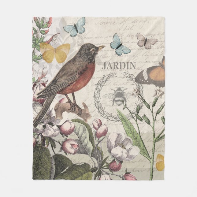 Robin Elegant Bird Butterfly French Art Fleece Blanket (Front)