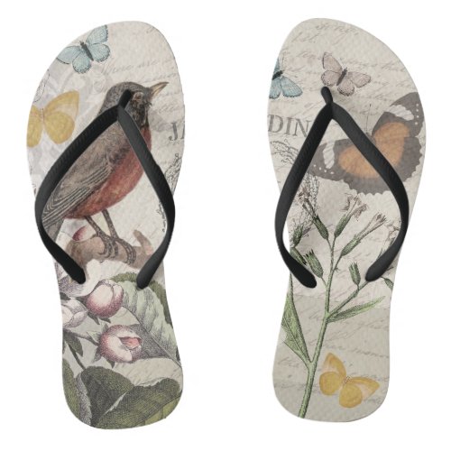 Robin Elegant Bird Butterfly French Art Flip Flops