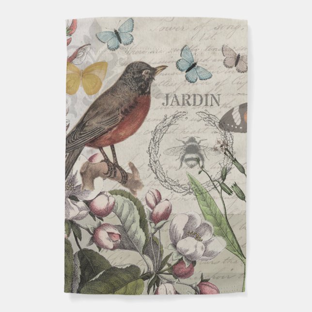 Robin Elegant Bird Butterfly French Art Garden Flag (Front)