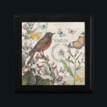 Robin Elegant Bird Butterfly French Art Gift Box<br><div class="desc">Discover the charm of a bygone era with this exquisite original collage, meticulously crafted from antique ephemera. Featuring a beautifully rendered robin perched amidst lush botanical illustrations, this design evokes the tranquility of a vintage garden. Delicate butterflies flutter around, while a classic bumblebee is encircled by a laurel wreath. The...</div>
