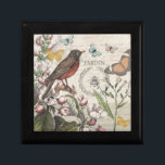 Robin Elegant Bird Butterfly French Art Gift Box<br><div class="desc">Discover the charm of a bygone era with this exquisite original collage, meticulously crafted from antique ephemera. Featuring a beautifully rendered robin perched amidst lush botanical illustrations, this design evokes the tranquility of a vintage garden. Delicate butterflies flutter around, while a classic bumblebee is encircled by a laurel wreath. The...</div>
