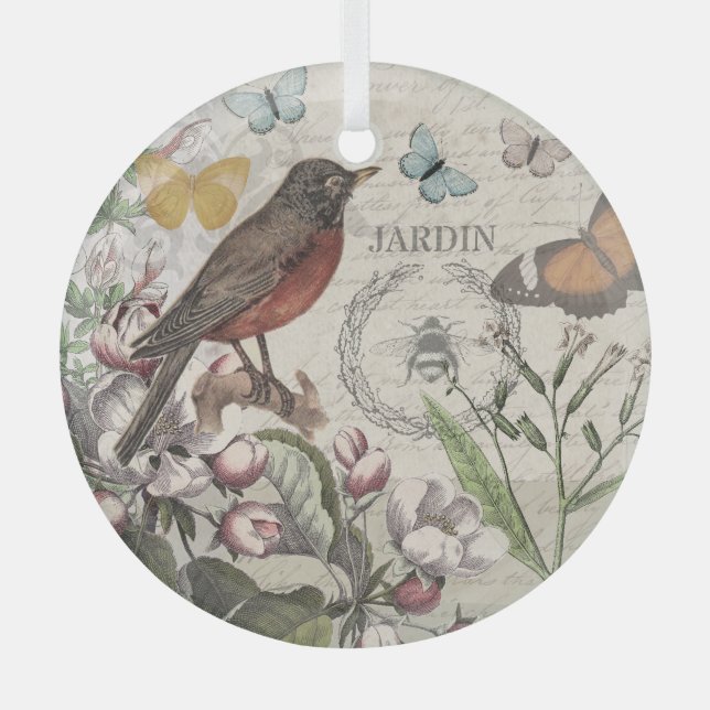 Robin Elegant Bird Butterfly French Art Glass Ornament (Front)