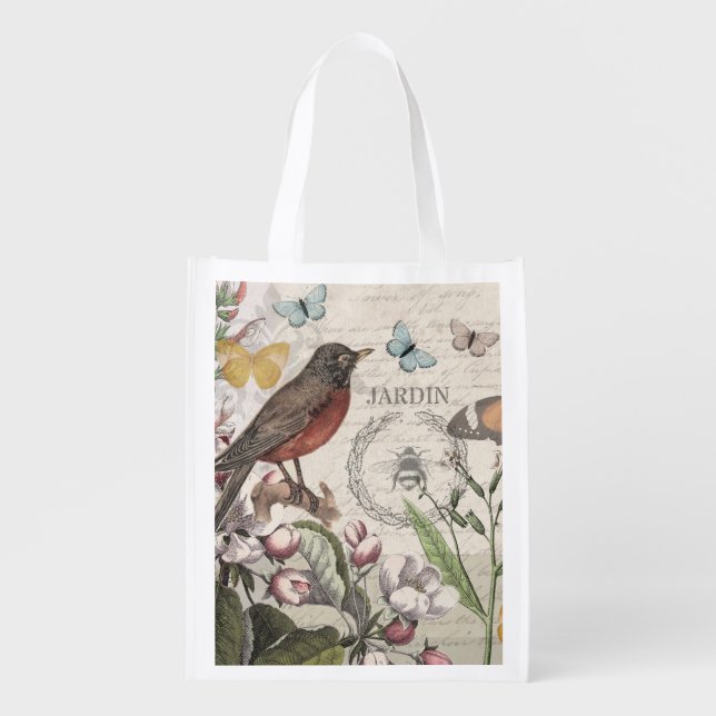 Robin Elegant Bird Butterfly French Art Grocery Bag (Front)