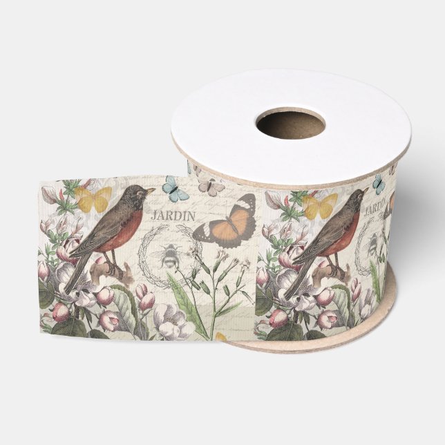 Robin Elegant Bird Butterfly French Art Grosgrain Ribbon (Spool)