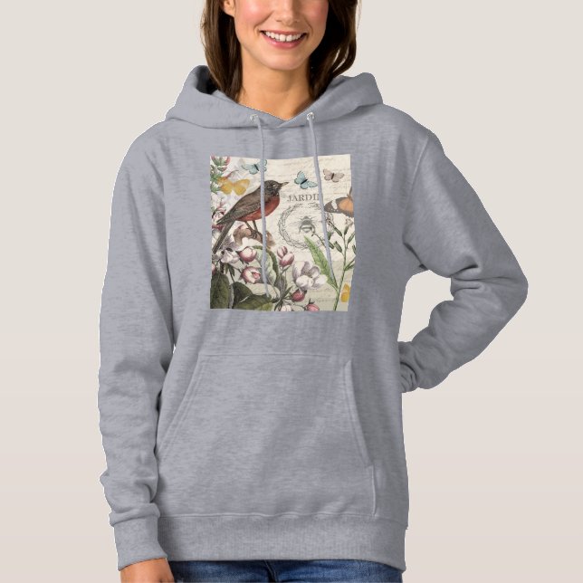 Robin Elegant Bird Butterfly French Art Hoodie (Front)
