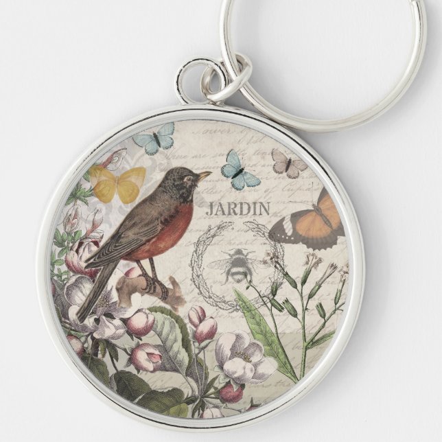 Robin Elegant Bird Butterfly French Art Keychain (Front)