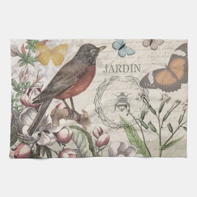 Robin Elegant Bird Butterfly French Art Kitchen Towel (Horizontal)