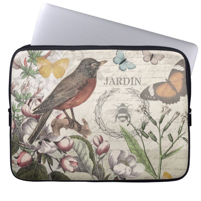 Robin Elegant Bird Butterfly French Art Laptop Sleeve (Front)