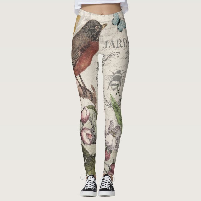Robin Elegant Bird Butterfly French Art Leggings (Front)