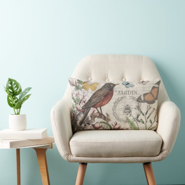 Robin Elegant Bird Butterfly French Art Lumbar Pillow (Chair)