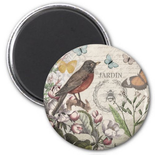Robin Elegant Bird Butterfly French Art Magnet