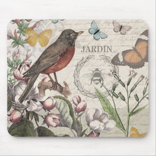 Robin Elegant Bird Butterfly French Art Mouse Pad