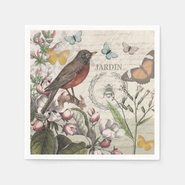 Robin Elegant Bird Butterfly French Art Napkins (Front)