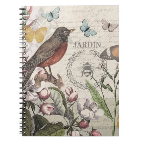 Robin Elegant Bird Butterfly French Art Notebook
