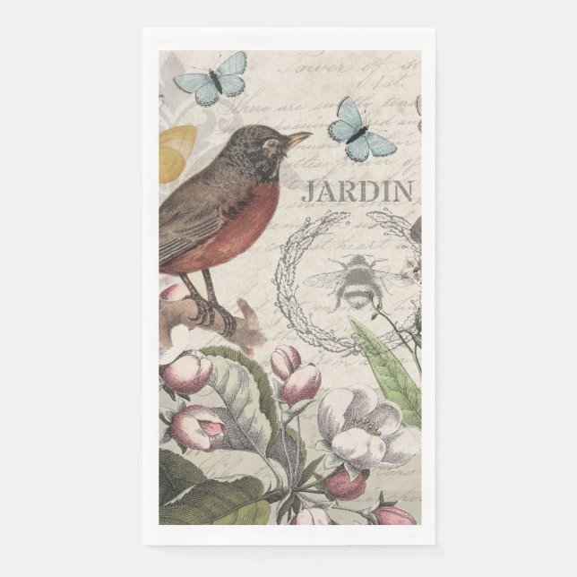 Robin Elegant Bird Butterfly French Art Paper Guest Towels (Front)