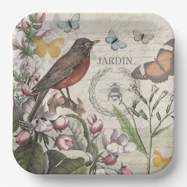 Robin Elegant Bird Butterfly French Art Paper Plates (Front)