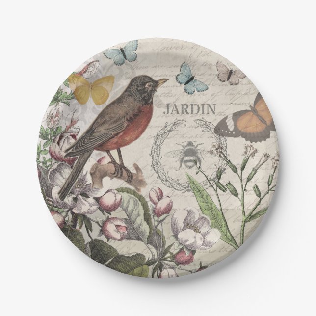 Robin Elegant Bird Butterfly French Art Paper Plates (Front)