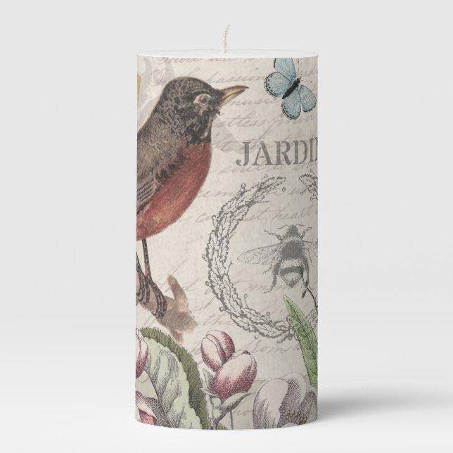 Robin Elegant Bird Butterfly French Art Pillar Candle (Front)