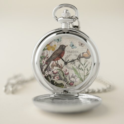 Robin Elegant Bird Butterfly French Art Pocket Watch