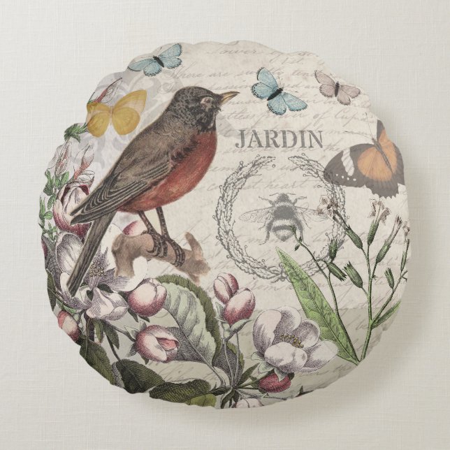 Robin Elegant Bird Butterfly French Art Round Pillow (Front)