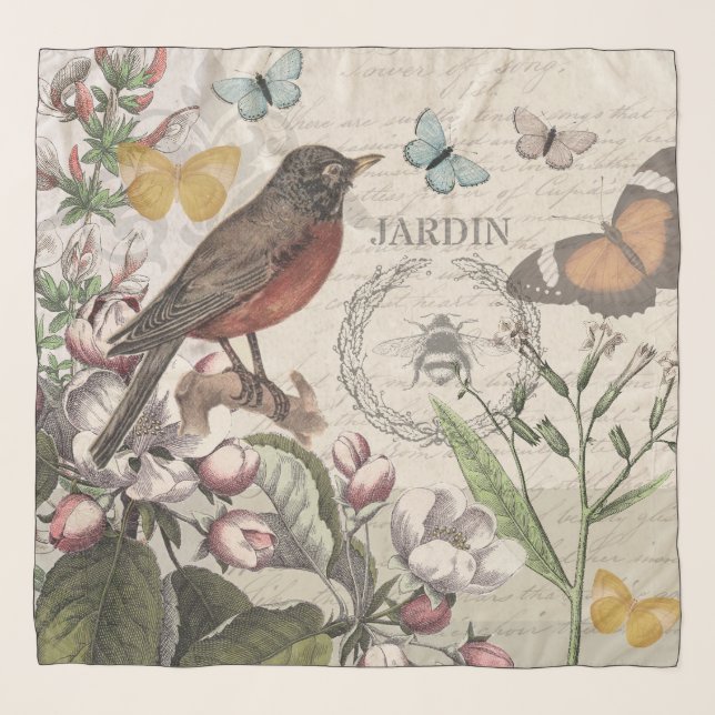 Robin Elegant Bird Butterfly French Art Scarf (Front)