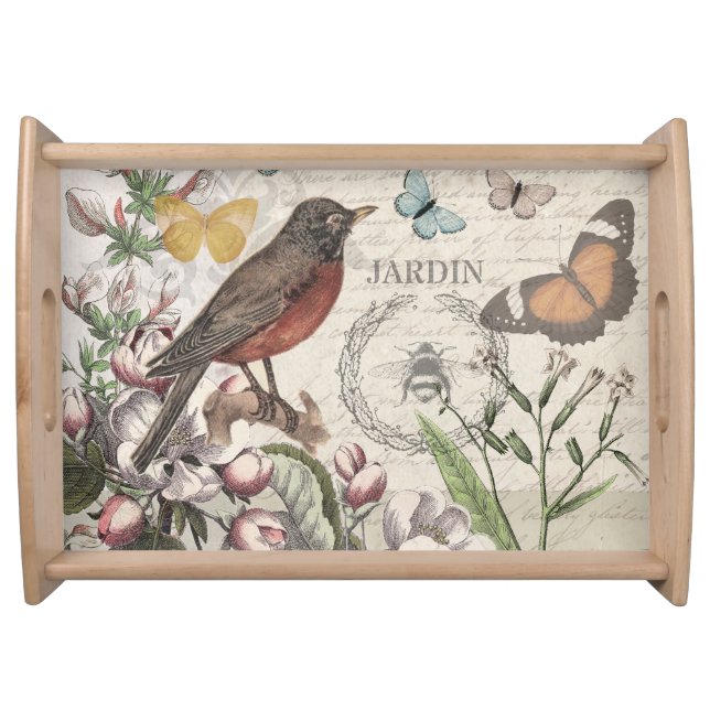Robin Elegant Bird Butterfly French Art Serving Tray (Front)
