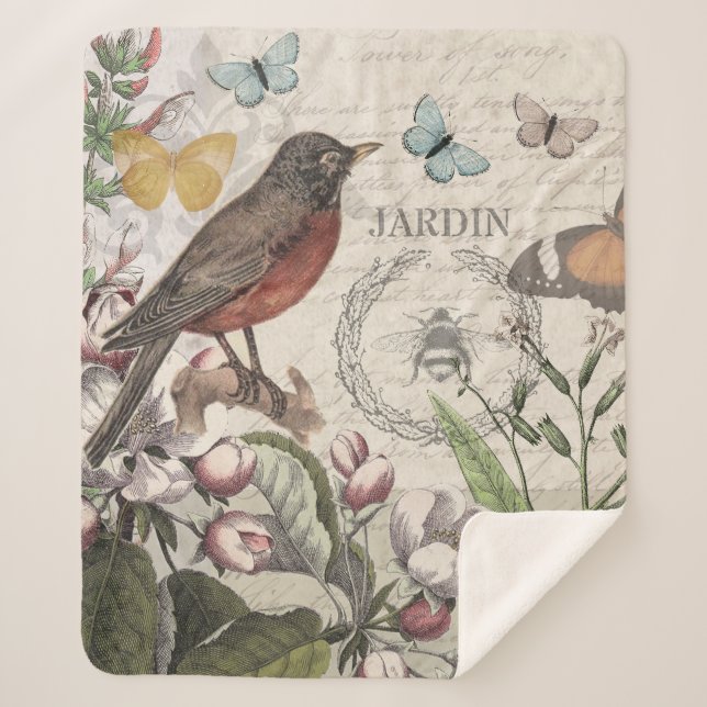 Robin Elegant Bird Butterfly French Art Sherpa Blanket (Front)