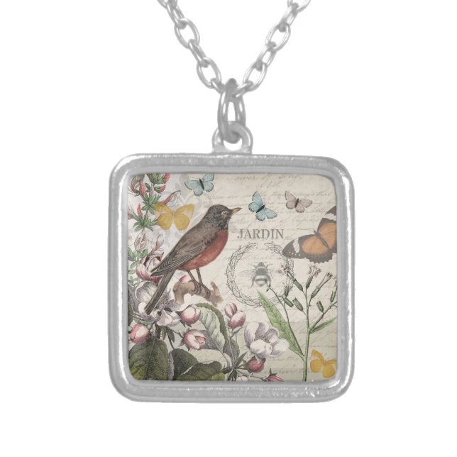 Robin Elegant Bird Butterfly French Art Silver Plated Necklace (Front)
