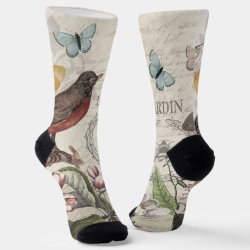 Robin Elegant Bird Butterfly French Art Socks