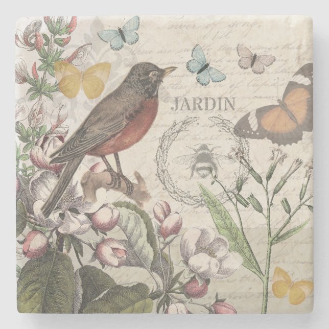 Robin Elegant Bird Butterfly French Art Stone Coaster (Front)