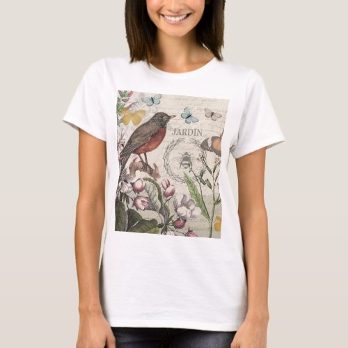 Robin Elegant Bird Butterfly French Art T_Shirt