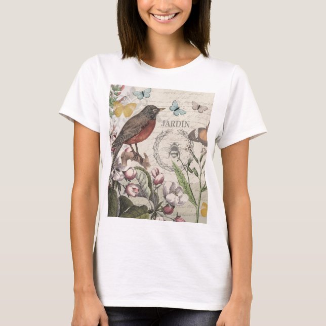 Robin Elegant Bird Butterfly French Art T-Shirt (Front)
