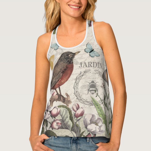 Robin Elegant Bird Butterfly French Art Tank Top (Front)